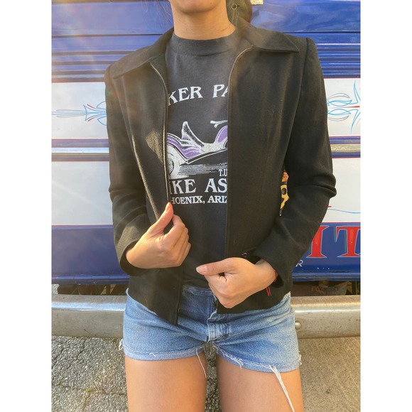 Collard Cropped Jacket with zipper | Black slim fit Coat - Picture 2 of 7